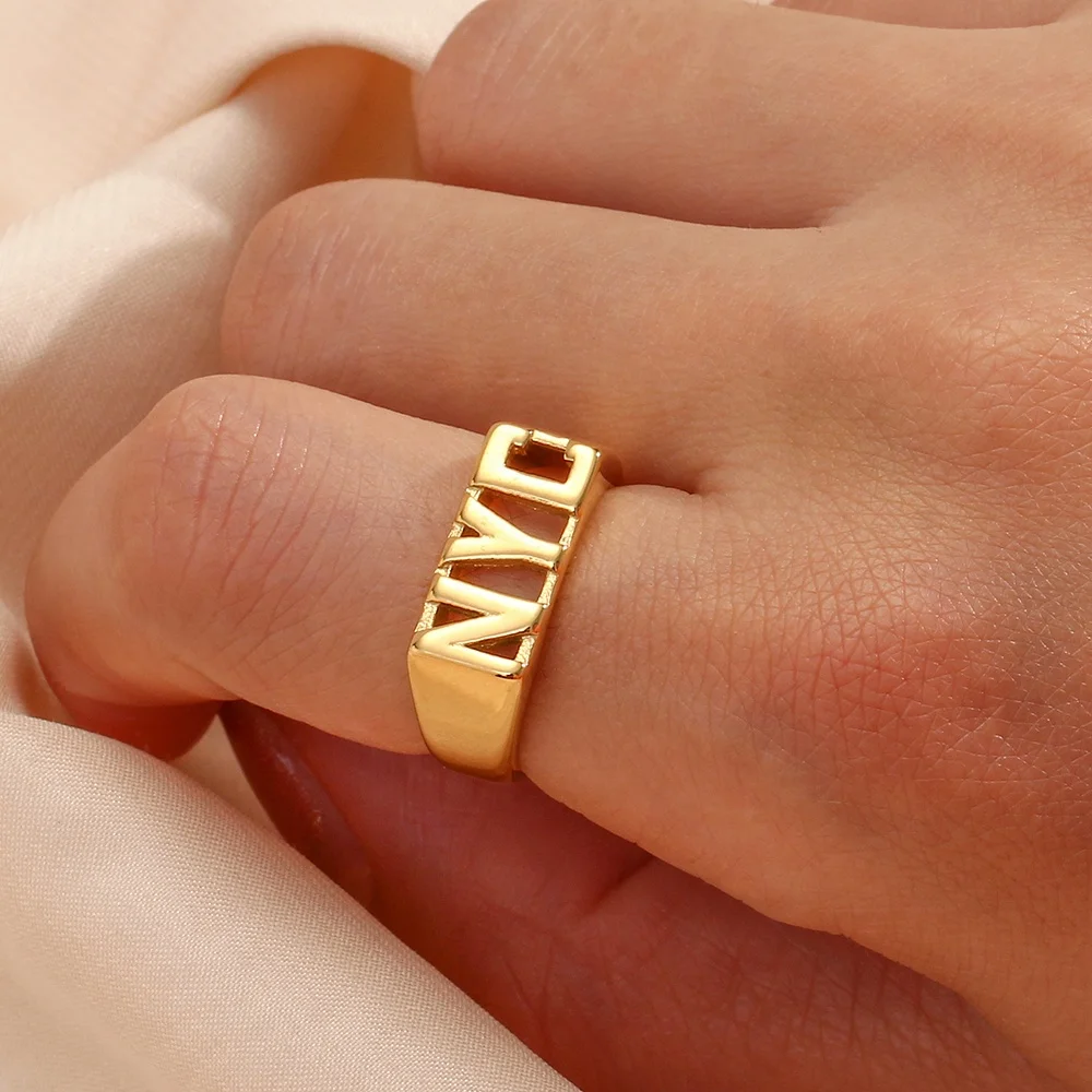 Dreamshow Initial Letter NYC Signet Ring Gold Plated Stainless Steel Rings Jewelry Women