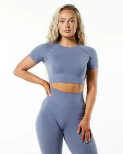 Wholesale Women Yoga Set Gym Wear Fitness Seamless Sports Shorts Sleeve t Shirt Crop Top Private Label Workout Sets