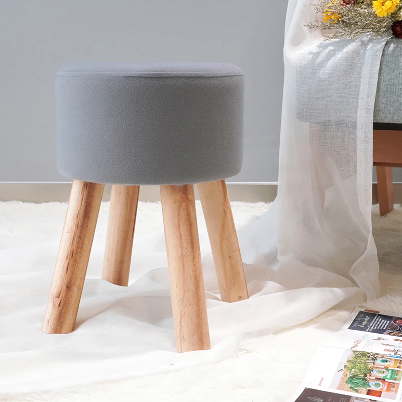 Modern Luxury Elegant Nordic Foot Stool Sofa Wood Legs Round Velvet Small Ottoman Stool