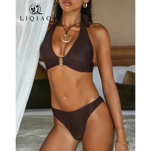 New Sexy Solid Color Backless Wide Shoulder Strap Two-piece Triangle Bikini Set Beach Swimsuit Custom Women's Swimsuit