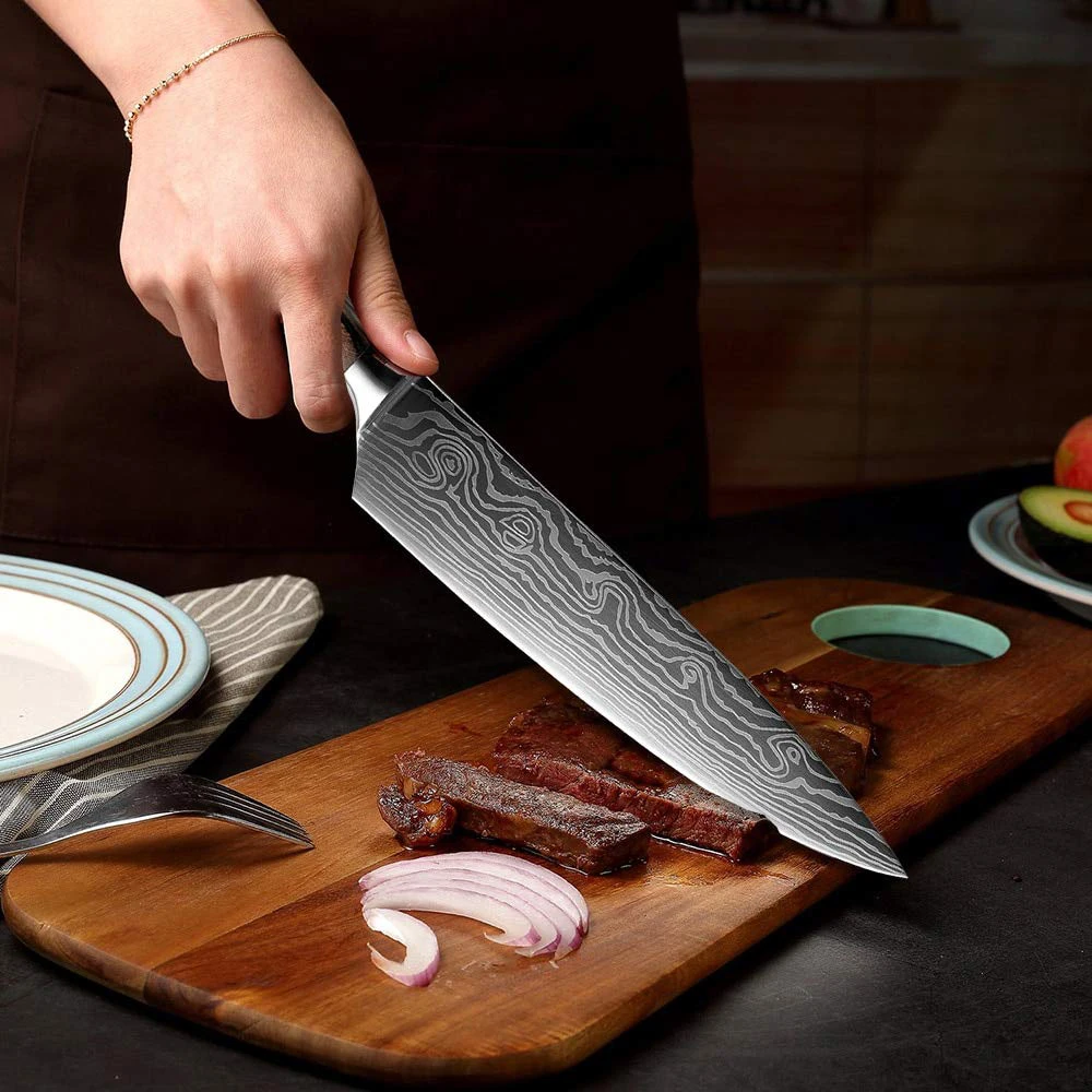 1-10 PCS Sharp Chef Knife Set Laser Damascus Pattern Kitchen Knife