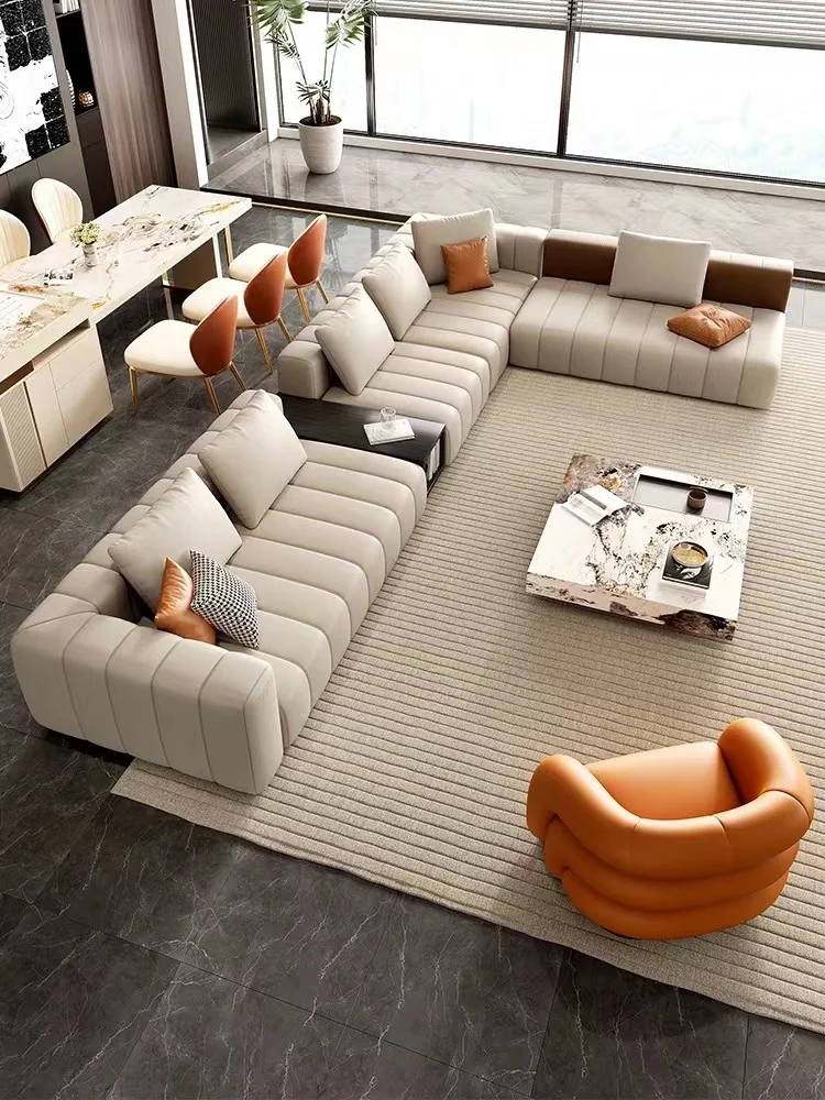 Italian Living Room Leather Sofa Top Layer Cowhide Italian Minimalist ...