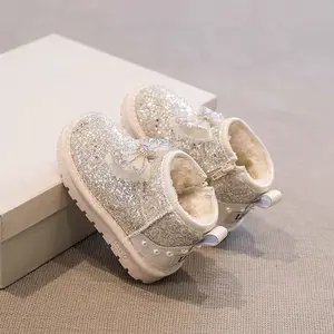Winter Silver Princess Baby Snow Bow Bling Bling Rhinestone Warm Soft Faux Fur Ankle Snow Boots for Baby Girls