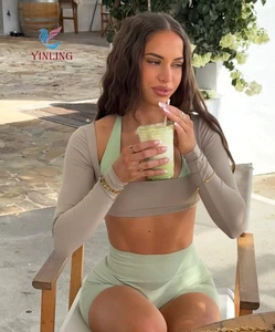 Custom Recyclable Sports Bra Tube Top Long Sleeve Yoga Tops Sweat-Wicking Scrunch Butt Pleated Fitness Shorts Yoga Leggings Sets