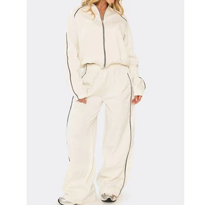 Ladies Fashion High Quality Cotton Solid-Color Hooded Wide Leg Track Pants Sweatshirt Set Long-Sleeved Casual Tracksuits Sets
