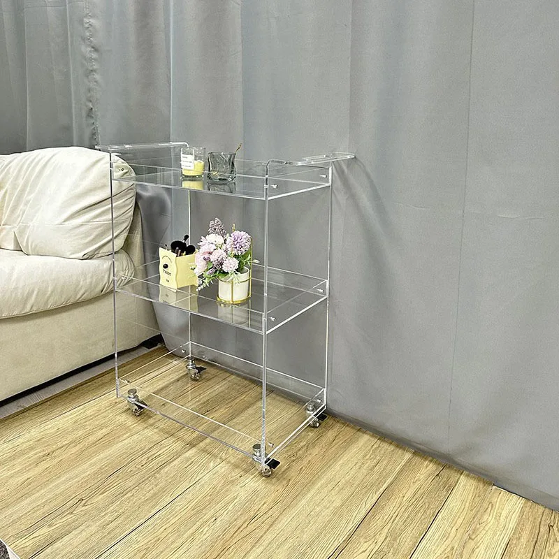 Customized Modern Design Clear Acrylic 2-Shelf Rolling Bar Cart Square Lucite Trolley for Dining Living Room Hotel Kitchen Use