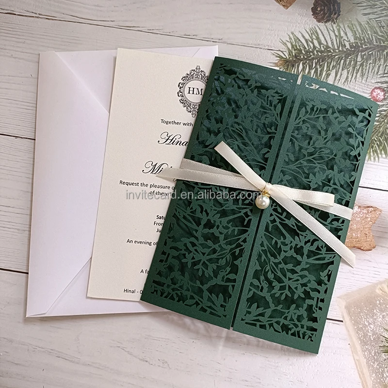 Customized Color Leaves Fold Paper Invitation Cards With Rhinestone And