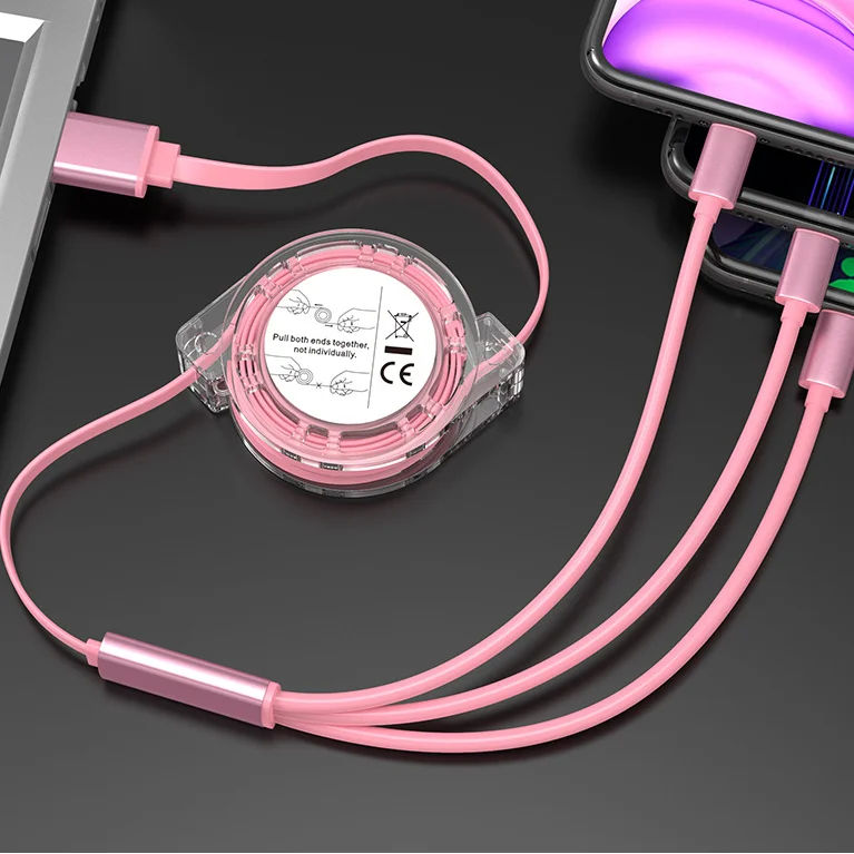 Custom Logo Universal Retractable 3 in 1 Multi Multiple 3in1 Usb Charging Charger Cable with Transparent Box