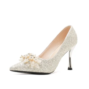 Elegant Silver Glitter Fabric Pointed Toe Stiletto Heels with Bead Flower Decor, 8.5CM Heel for Summer Formal Events