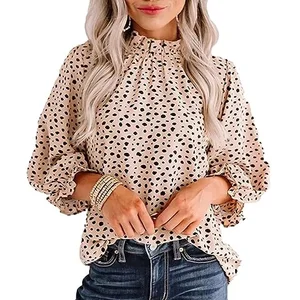 Women's Leopard Printed Ruffle Hem Design Oem Customizable Long Sleeve Mock Neck Blouses Top Halter Neck Blouse Designs
