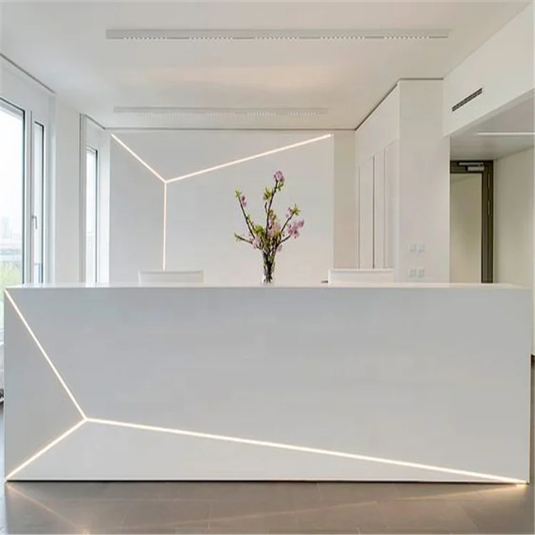 Corians Long Custom Made Office Front Reception Counter Acrylic Lighted Solid Surface Reception Desk Design