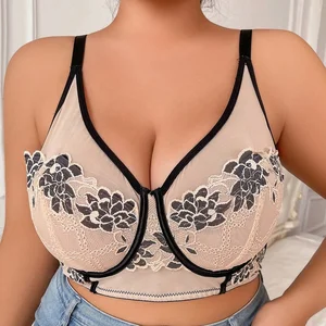 High Quality Beautiful Design Plus Size Back Closure Flower Women's Lace Bra