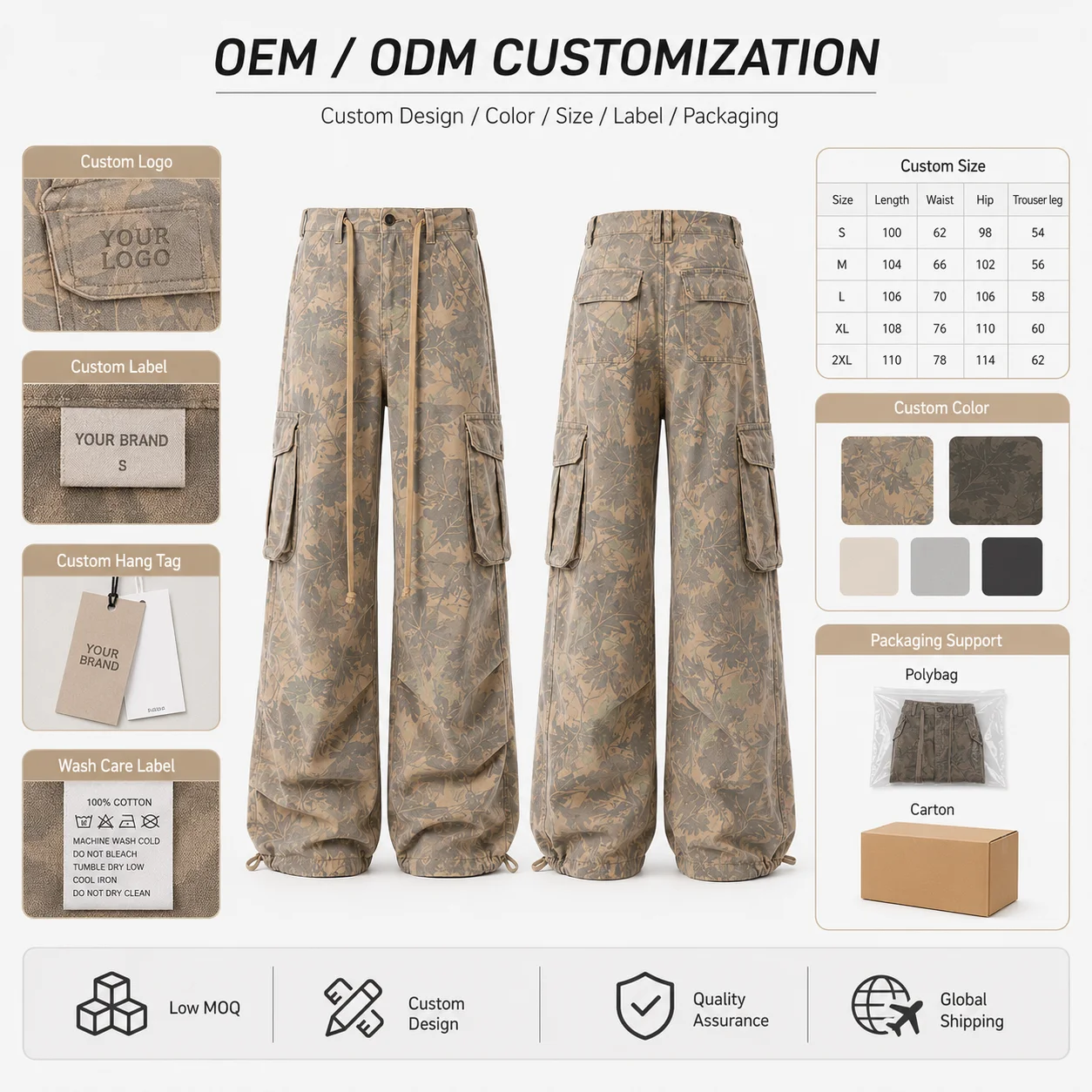 Custom Logo Print Light Oversized Straight Low Waist Drawstring Wide Leg Loose Parachute Versatile Casual Cargo Pants Women's