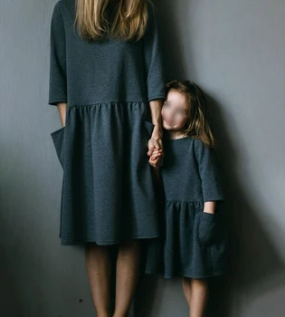 Mother Daughter Matching Dress Mini Me Girl Oversized 3/4 Sleeve Pocket A Line Mother And Daughter Matching Outfit