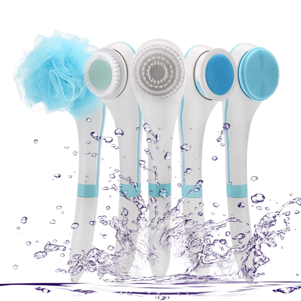 PRITECH USB Rechargeable IPX7 Waterproof Electric Rotating Bath Brush 5 in 1 Multifunction Body Care with Long Handle Plastic