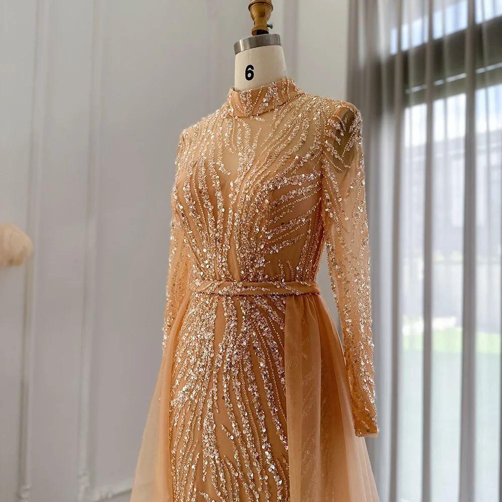 slim fit dress slacks Beige Illusion High Neck Long Sleeve Embellished Gown main image 0