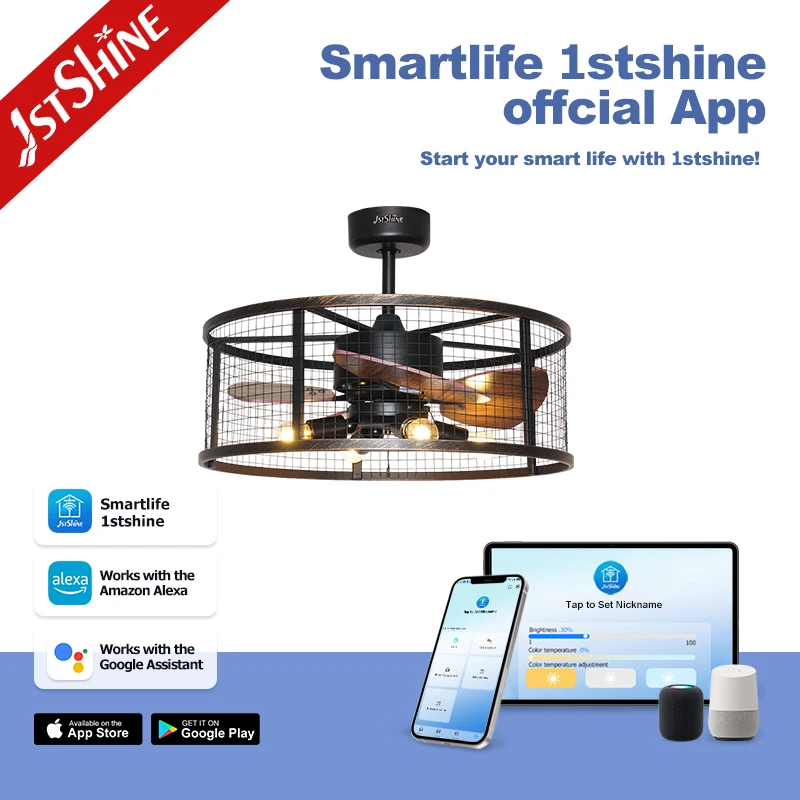 1stshine Ceiling Fan Simple Design Invisible MDF Blades 20 Inches Cage Shape Ceiling Fan with Light