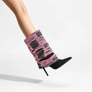 Custom Distressed Denim Stiletto Boots Rhinestone Embellishments Women's Summer High Heels Wholesale Height Increasing Western