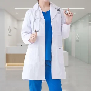 Hospital Uniform Long Sleeve Doctor's White Woven Polyester/Cotton Lab Coat for Women