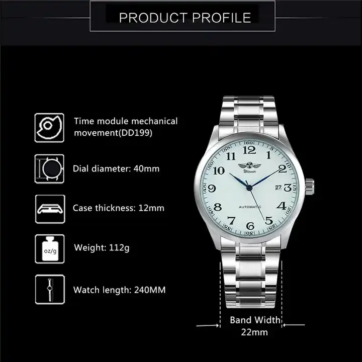 WINNER 166 Hot Sale Men Fashion Brand Mechanical Wrist Watches Luxury Date Calendar Steel Strap Waterproof Mens Watches for Man