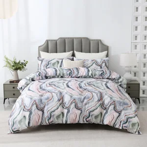 European American Style Queen Size 3-Piece Marble Printed Bedding Set Includes 1 Comforter Cover 2 Pillowcases for Bedroom Decor
