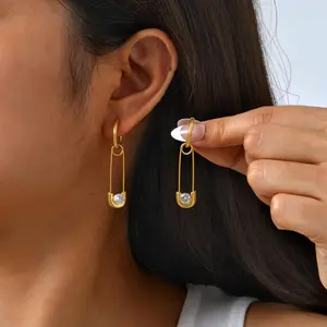 Hiphop Jewelry Hypoallergenic Stainless Steel Safety Pin Earrings Gold Plated Women Hoop Earring