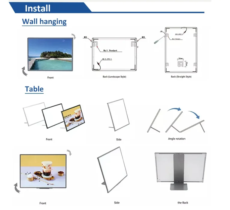 Factory cheapest super slim glowing display board round corner aluminum frame glass drawing light box