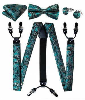 Mens Suspenders Green Paisley Y Back Adjustable Braces Bow Tie Hanky Cufflinks Set