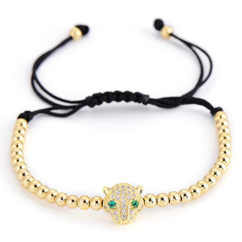 Luxurious Men Cubic Zirconia Leopard Head Beads Charm Braided Macrame Bracelets 