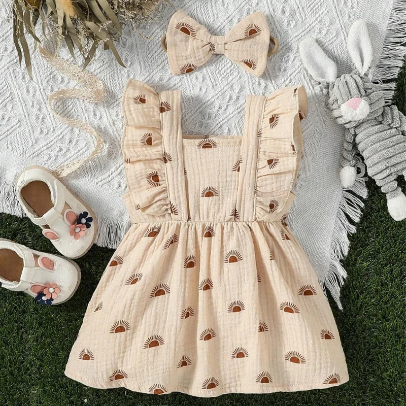 Summer Natural Muslin Print Color Baby Little Girl Dress Kids Headbands Suspender Dress