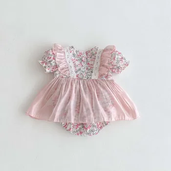 Summer Casual Floral Mesh Short-Sleeved Baby Jumpsuit for One-Year-Old Baby Girl Princess Outing Clothes Mesh Baby Romper