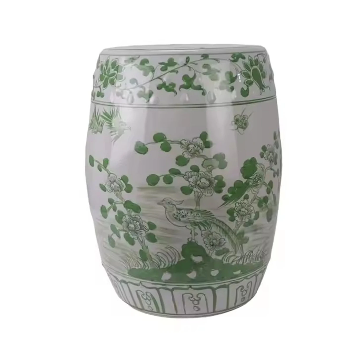 Hand Painted Green Flower Birds Design Ceramic Drum Stool