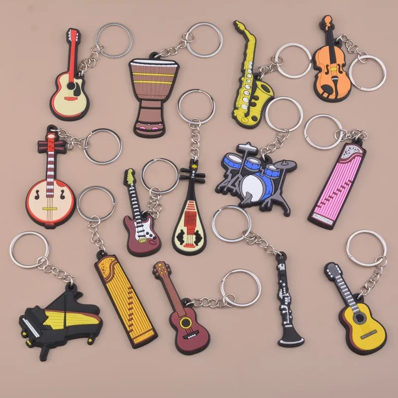 Mini Cartoon Musical Instrument Pvc Keychain 3d Guitar Rubber Keychain in Bulk