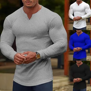 Men's Solid Color Striped Fitness Long Sleeved Basketball Running Training Elastic Sports Tight Fitting T-shirt