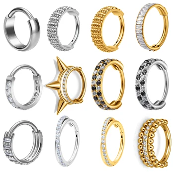 G23 Titanium Gold Stud Earrings 16G Ear Cartilage Piercing Hinged Segment Rings With CZ Paved Side Fashion Earring Women Jewelry