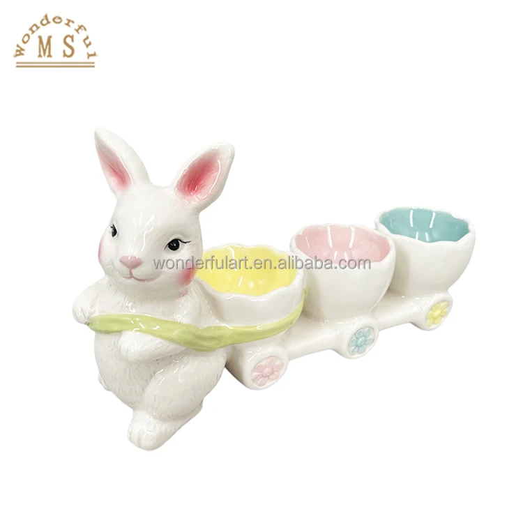 Oem rabbit cart seasoning dish Shape food Holders 3d Style tray flower cart Kitchenware Easter Ceramic porcelain salad holder