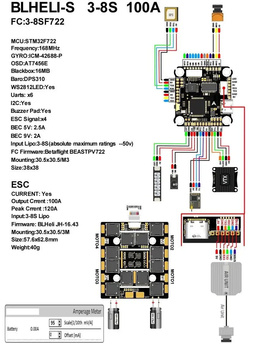 F7 F722飞行控制器FC 3-8S Lipo 5V / 9V BEC 100A 4in1 blheli_s ESC堆栈，用于RC 13英寸15英寸FPV赛车自由式无人机