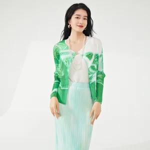 Miyake Women's Vintage Pleated Jacket Cardigan Casual Summer Style Stretch Print Top Personalized Fashion Shirt Blouse