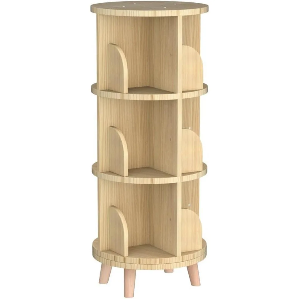 Modern 3-Tier Rotating Bookshelf with 360 Display Wood Panel Standing Kids Bookcase with Legs