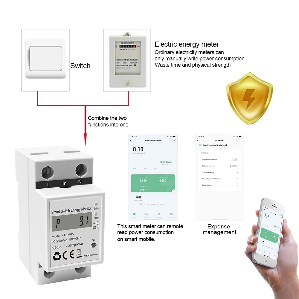 Tuya Smart Wifi Power Meter Single Phase Digital KWH Meter/Watt Meter/Smart Wifi Prepaid Electric Energy Meter