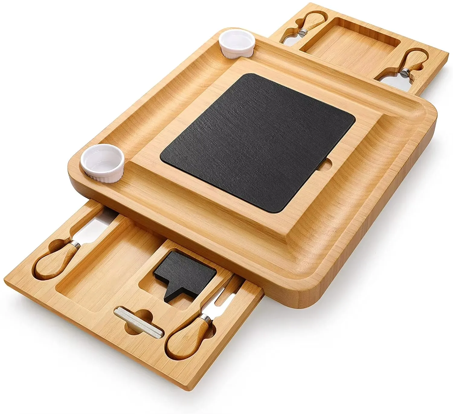 product bamboo cheese board with knife set slate board wood christmas charcuterie board with 2 drawers-4