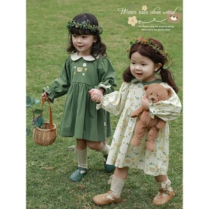 YOEHYAUL C2816 1-8T Crew Neck Floral Embroidery Kids Dresses Custom Logo Green Children's Girls Cotton Dresses for Toddler