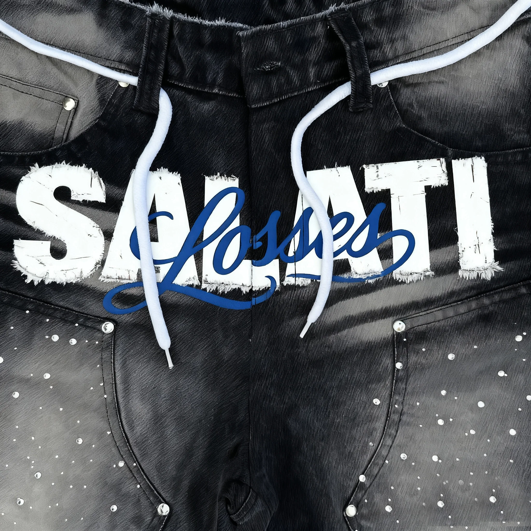 Custom Streetwear Denim Shorts Distressed Embroidery Patch Rhinestone Flared Jorts Jeans Shorts Men gallery 2