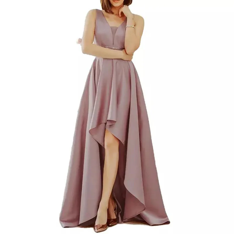 Oem Custom Womans Evening Dresses Sequin Waist High Low Satim Wed Dress Elegant Long Dresses Women