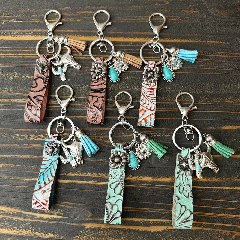 Retro Embossed Turquoise Ox Head Cactus Flower Tassel Western Cowboy Keychains Pu Leather Wristband Keychains for Men Pendant