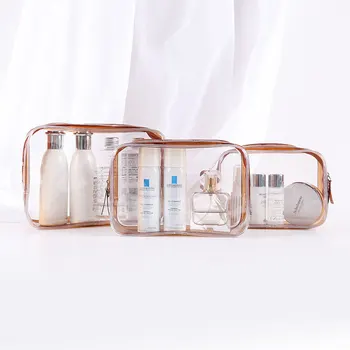 Wholesale Waterproof Transparent Brown Makeup Bag Large Capacity Ziplock Toiletry Bag Clear Cosmetic Bag TSA Approved