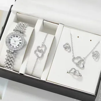 Roman Numerals Embossed Fully Diamond Quartz Watch Heart Charm Jewelry Set for Women and Girls 6PCs Gift Box