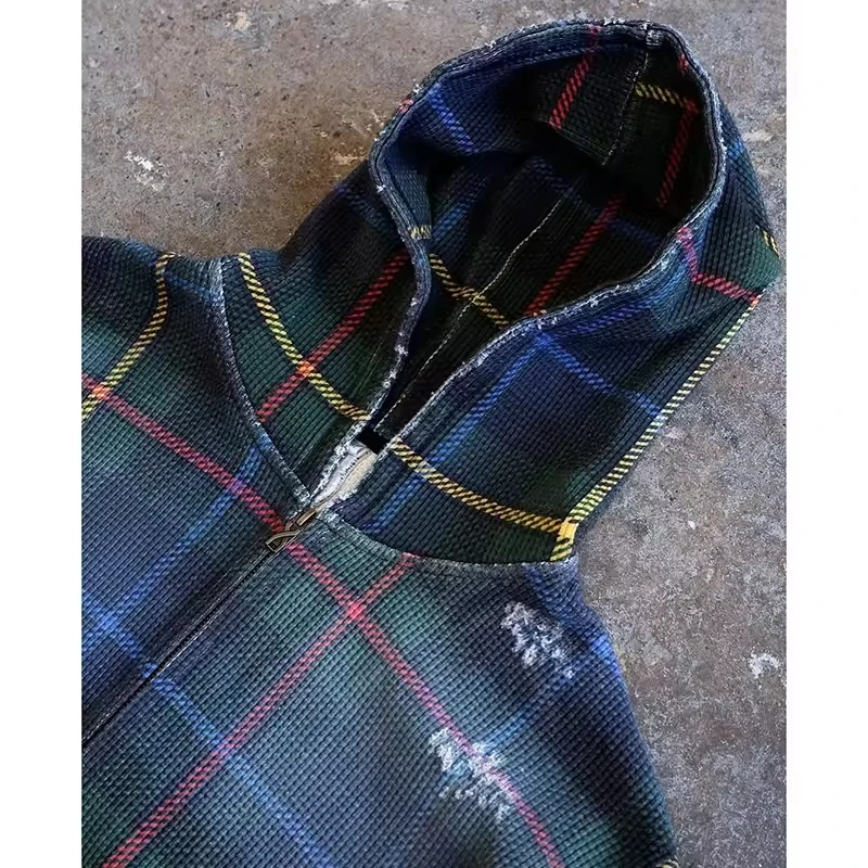 Salati Wholesale Custom Zip up Jacket Heavyweight Cotton Acid Wash Distressed Waffle Knit Plaid Flannel Hoodie for Men gallery 4
