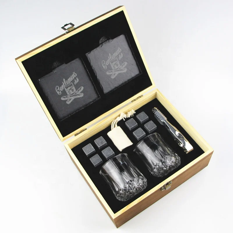 Engraved Birthday Wooden Gift Boxed Decanter, Scotch Glasses and Whiskey  Stone Set