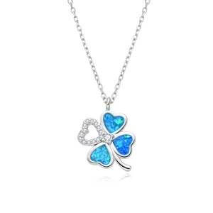 925 Sterling Silver Good Fortune Jewelry Zircon  Lucky Four-Leaf Clover OPal Pendant Necklace for Women